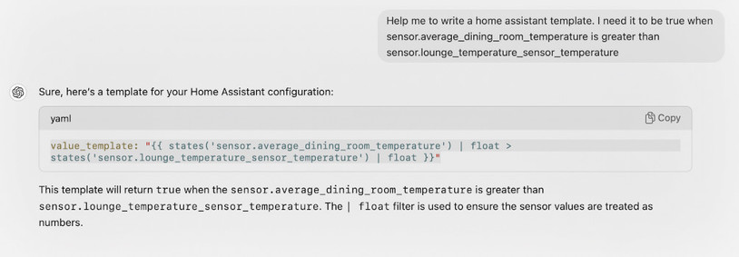 Screenshot of a chatgpt conversation. With two chat bubbles. One is asking for help writing a home assistant template sensor and the next bubble shows a reply with an answer.