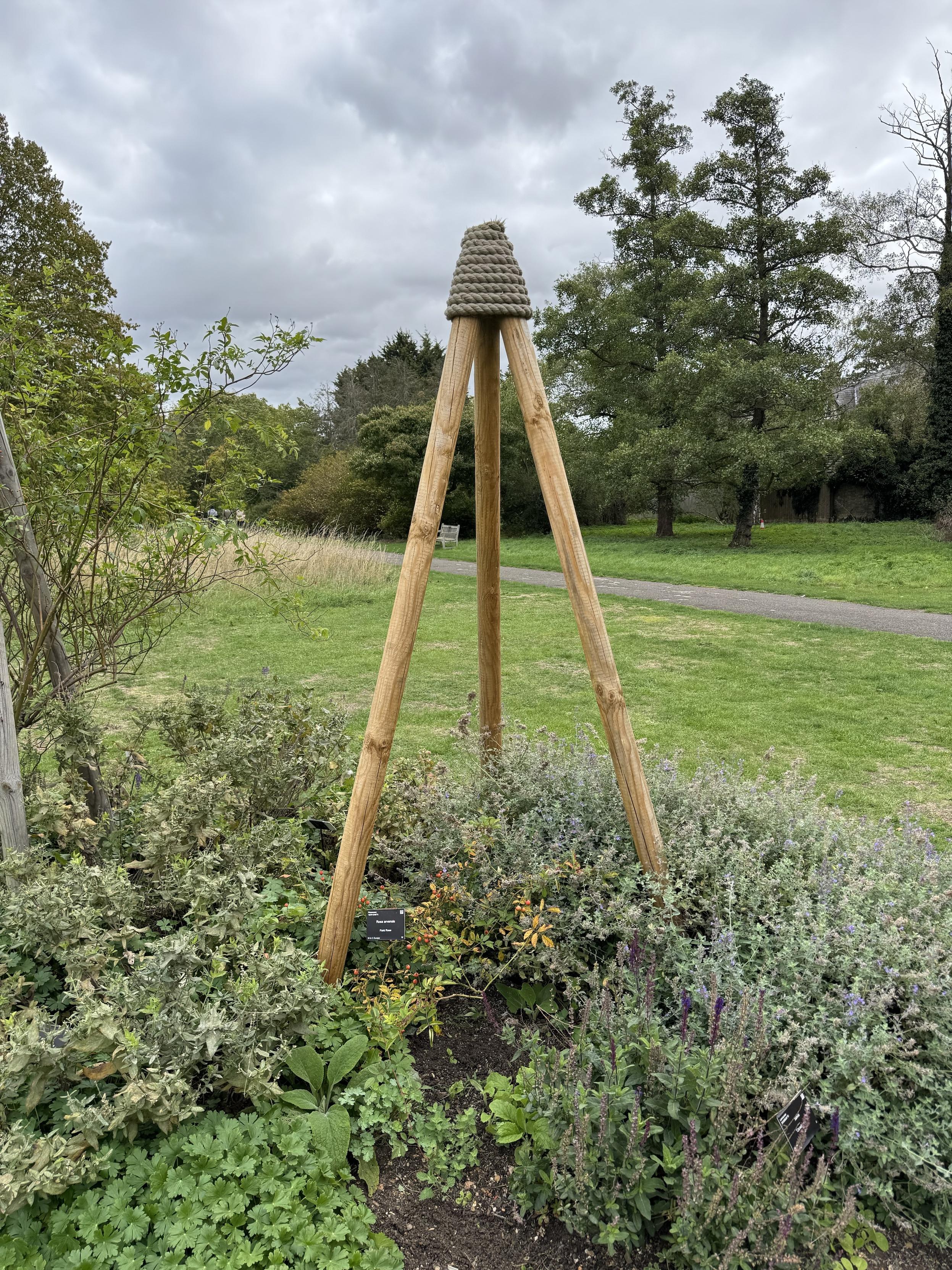 A tall wooden structure resembling an outdoor beehive sits among various green plants and shrubs in a garden. The sky is overcast with gray clouds.