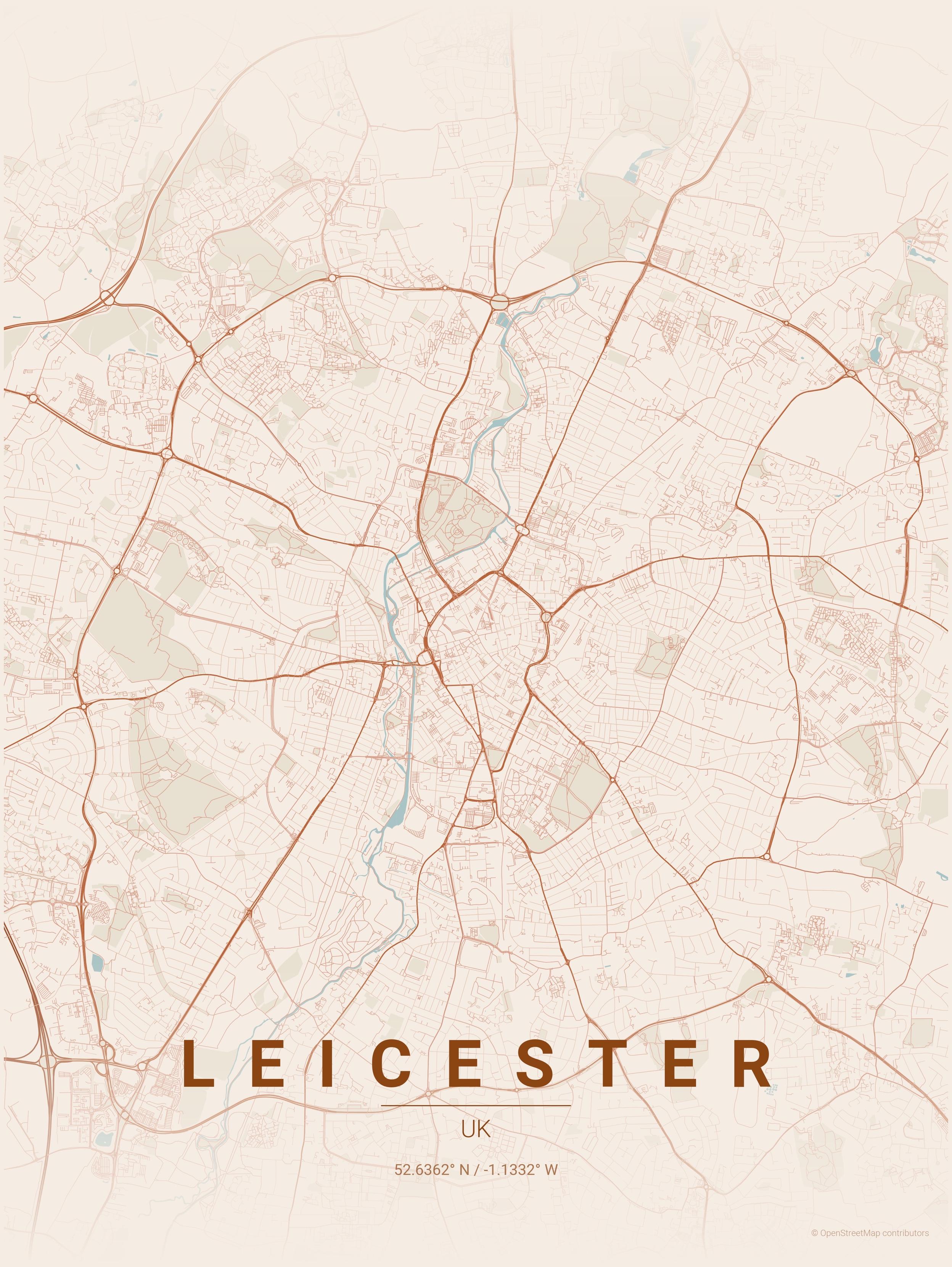 A minimalist map of Leicester, UK, featuring outlined streets and geographical features in a muted colour palette. The city name and coordinates are prominently displayed at the bottom.