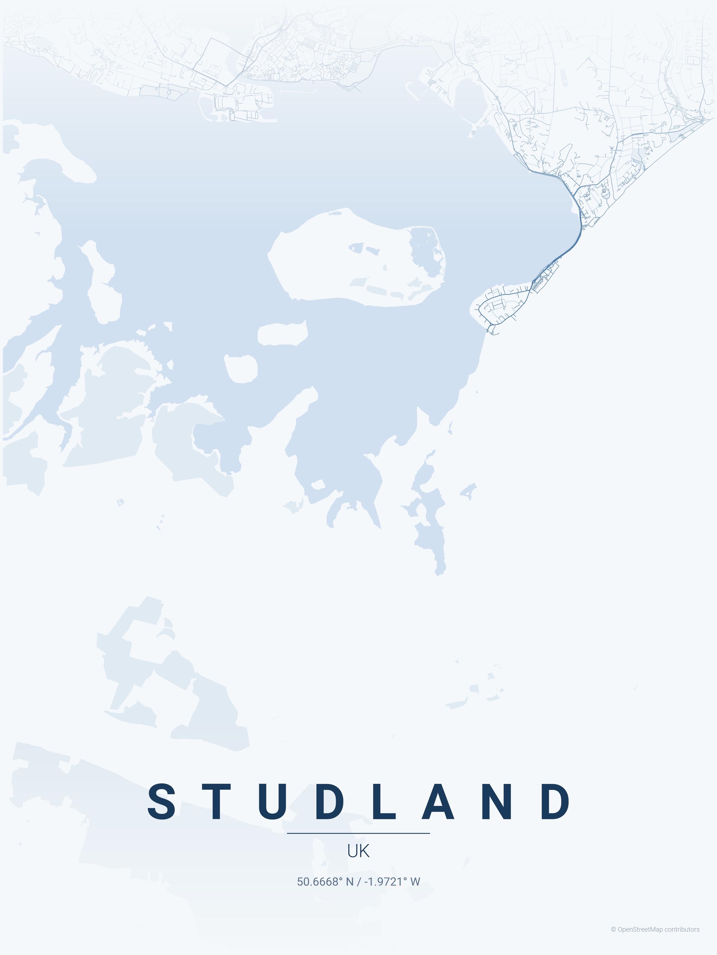 A minimalist map of Studland, UK, features a light blue background with outlines of land and water. The name "STUDLAND" is prominently displayed at the center, accompanied by geographic coordinates (50.6668° N, -1.