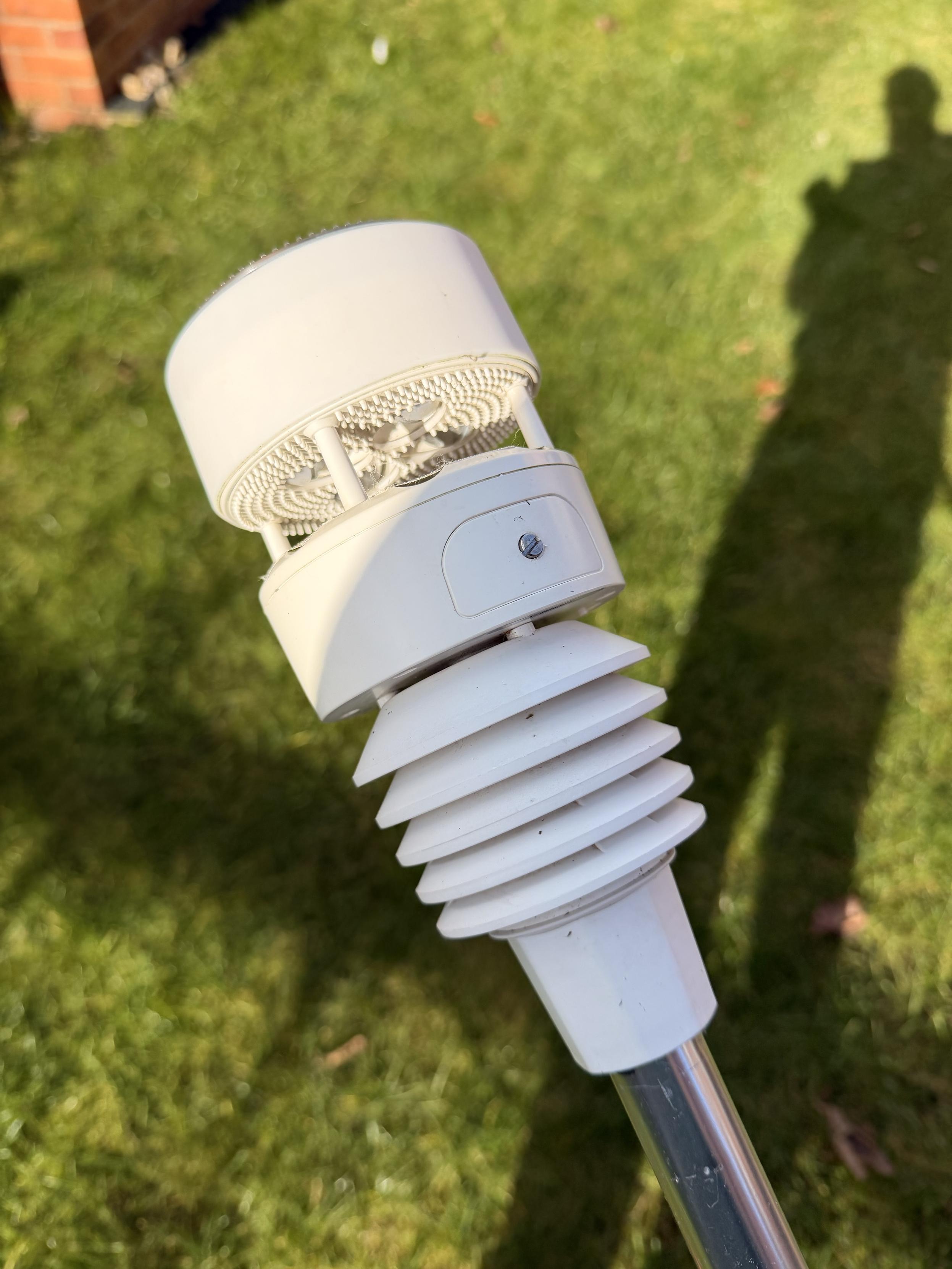 A close-up of a white weather station, mounted on a silver pole, set against a grassy background.