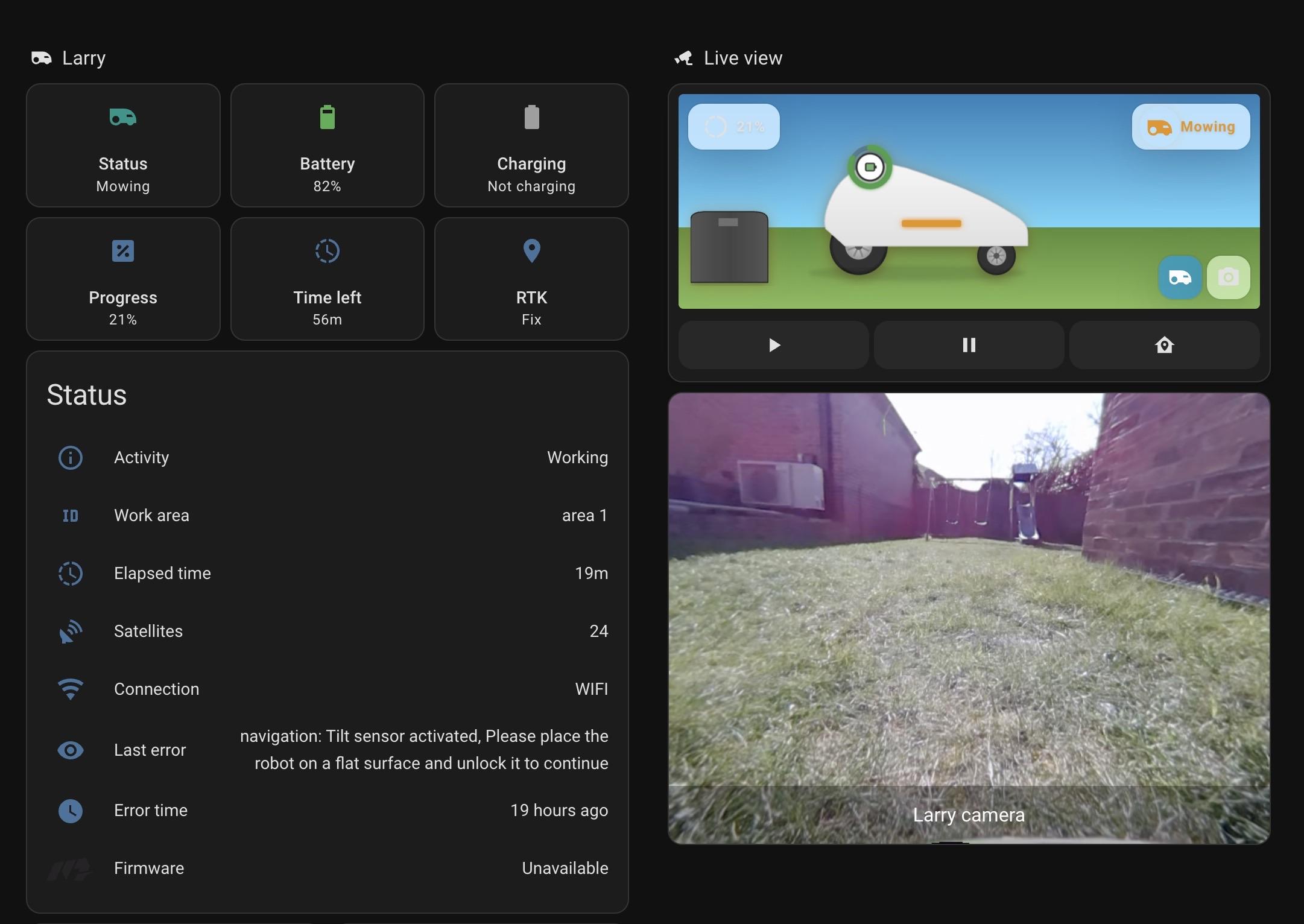 Screenshot of home assistant.
The image displays a user interface for a robotic lawn mower named "Larry." It shows the current status (mowing), battery level (82%), and progress (21%). The live view section features a camera feed showing a grassy area.