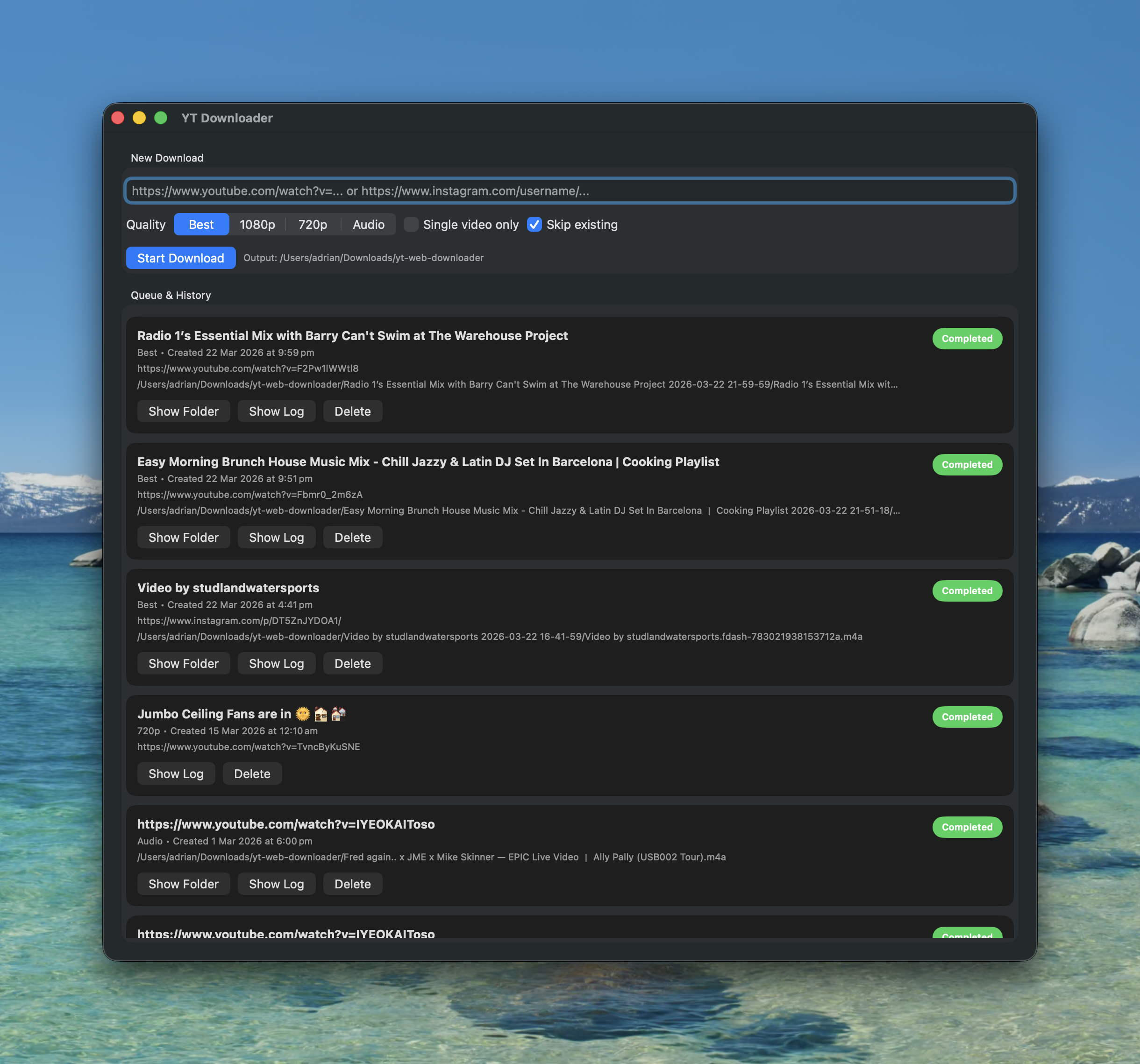 Screenshot of a MAC OS windows in dark mode (mostly black background)
Title bar says YT Downloader
Below is an input selection with YouTube link request.
