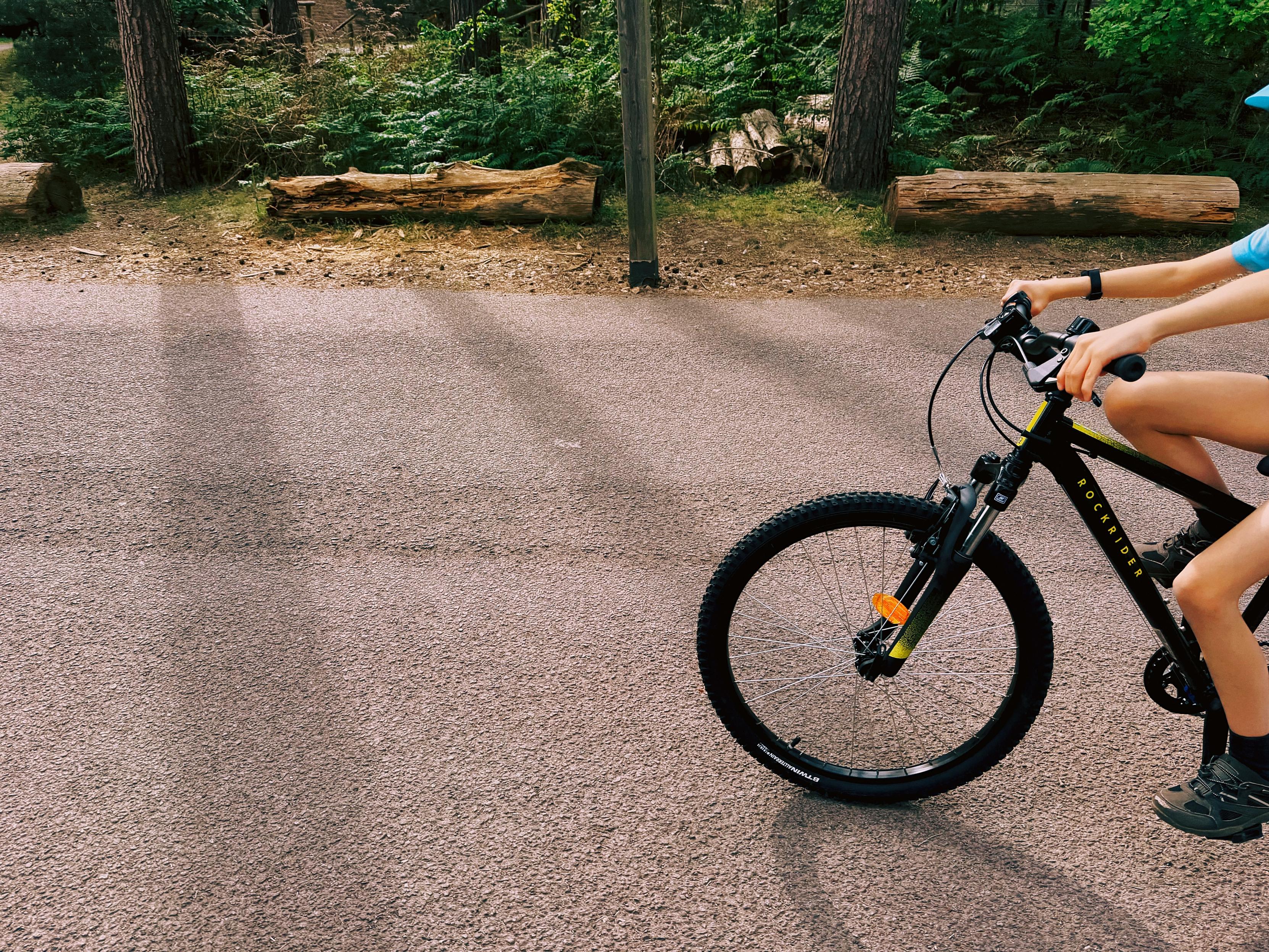 A cyclist riding a black mountain bike on a gravel road surrounded by trees. The focus is on the bike and the rider's legs. Soft sunlight creates shadows on the ground.