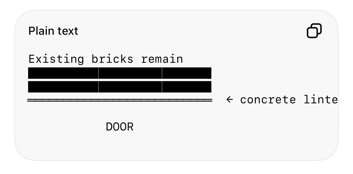 Screenshot of ascii style text of a diagram text: “existing bricks remain”
Black blocks
And door below. 